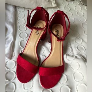 Velvety red open toed heels. New never worn without tags